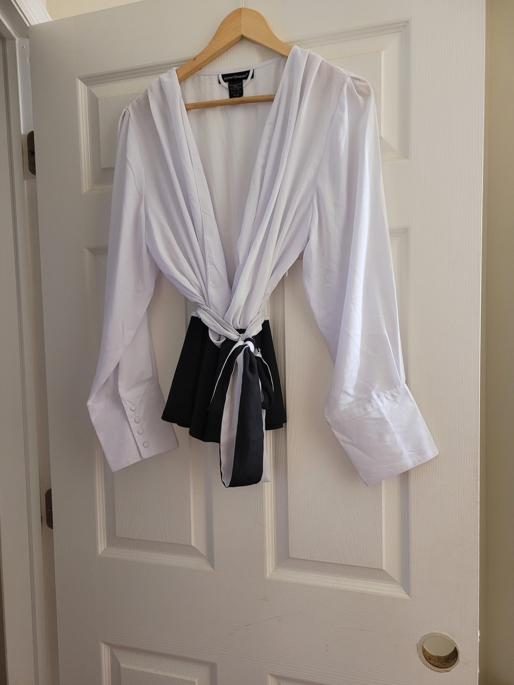 Ashley Stewart White Blouse with Black Tie-Front